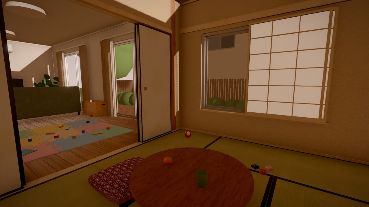 ちゃぶ台のある和室．ふすまの向こうにリビングが見える